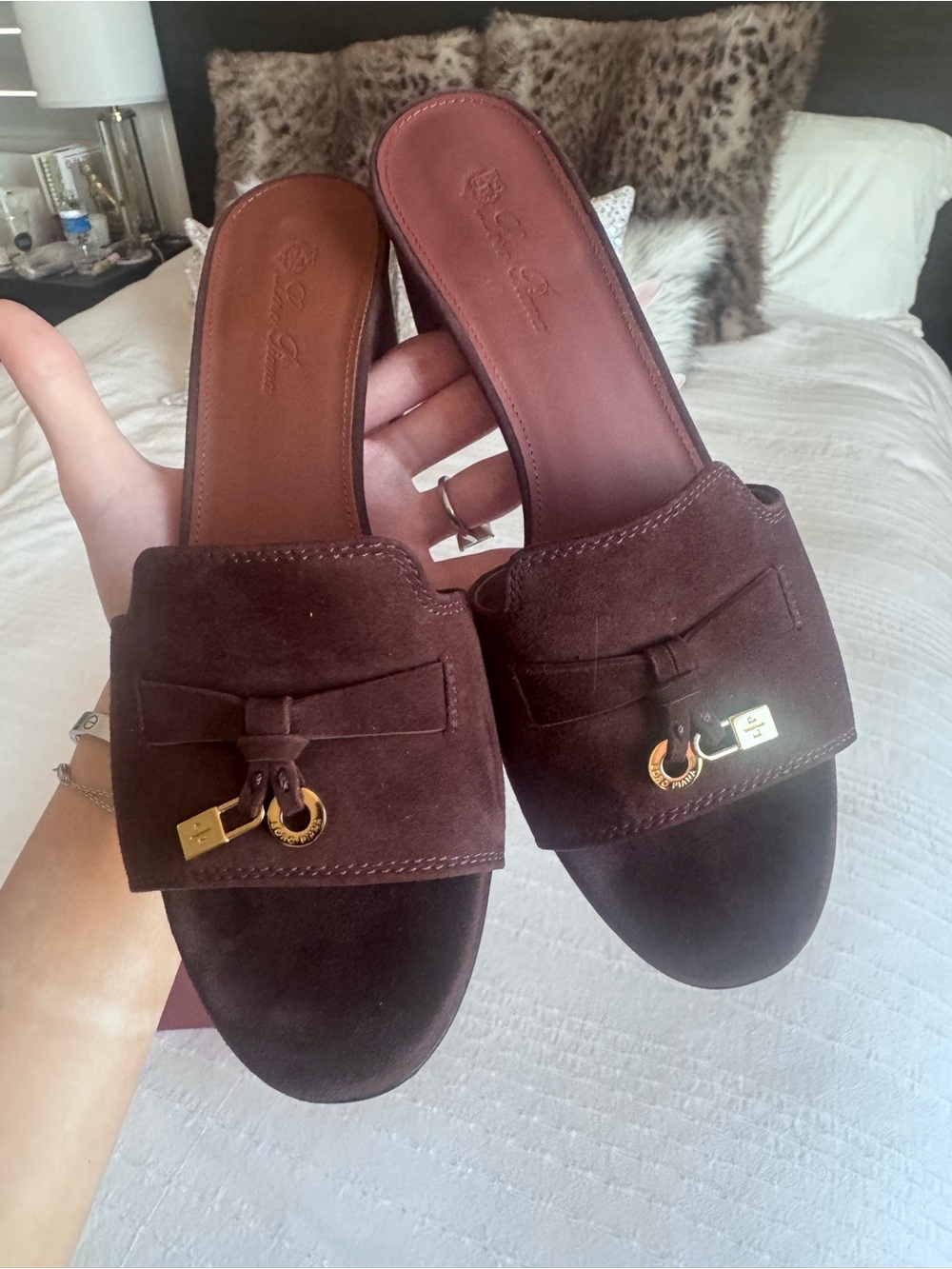 Loro Piana Brown Suede Slide Mules with Gold Accent - Picture 3 of 6